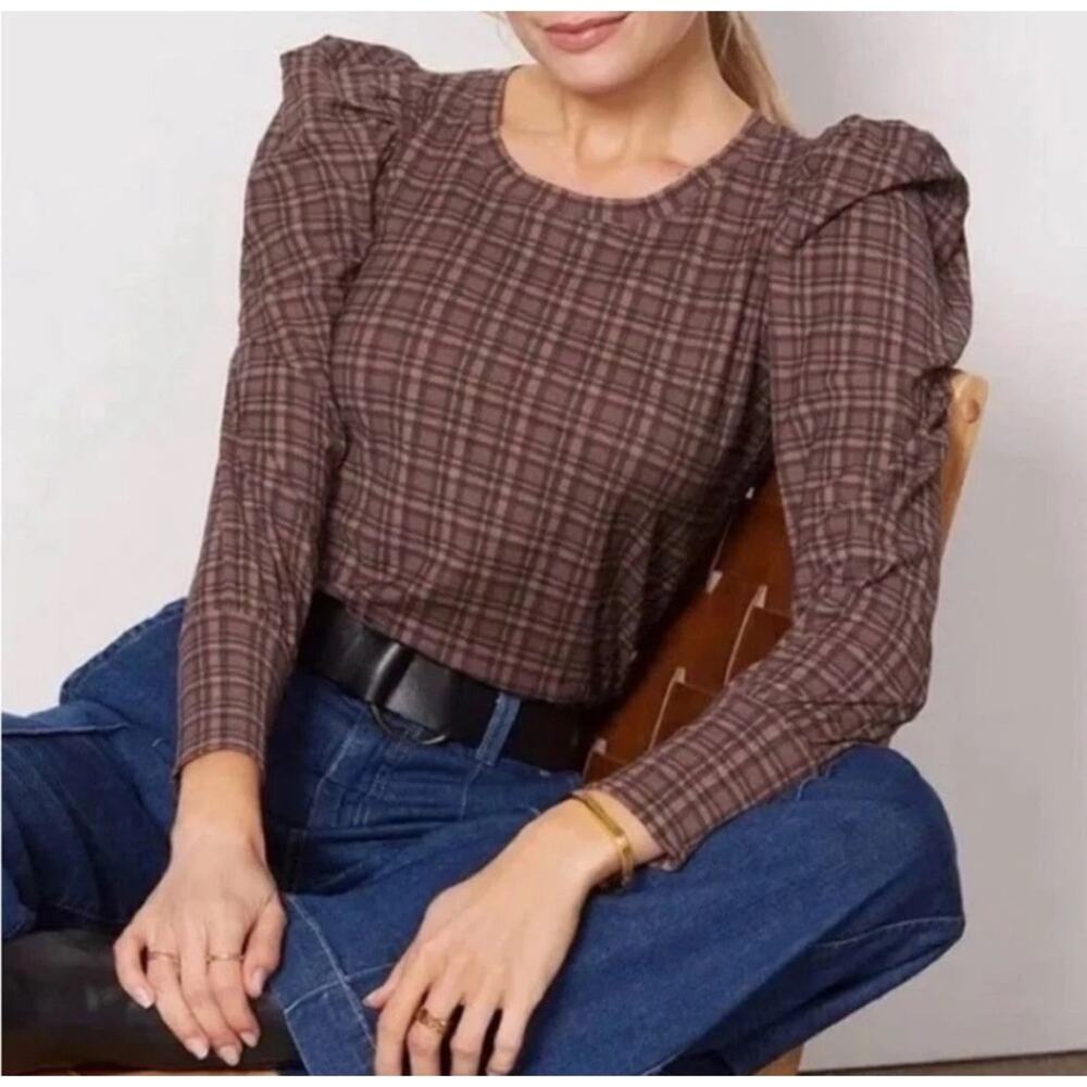 Nation LTD Romy Puff Sleeve Blouse Women's XS Brown Plaid 100% Pima Cotton